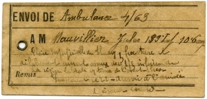 Étiquette attachée au blessé pendant son transport (Jules Mauvilliers, du Marthouret) Collection Marie-Thérèse Pinède