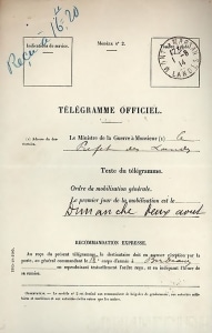 Télégramme envoyé aux Préfets, 1er août 1914