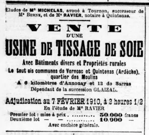 Annonce légale de Me Michelas et Me Ravier, notaires • Le Mémorial de la Loire et de la Haute-Loire, 21 janvier 1910